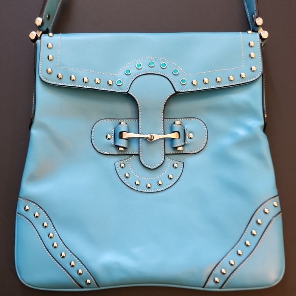 バッグ Studded Leather Shoulder Bag (Sky Blue) Chic Blue Leather Studded Shoulder Bag
